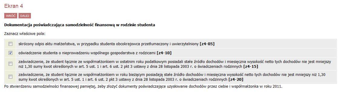 6 Ekran 4 Jeżeli jesteś samodzielny finansowo zaznaczasz, które dokumenty