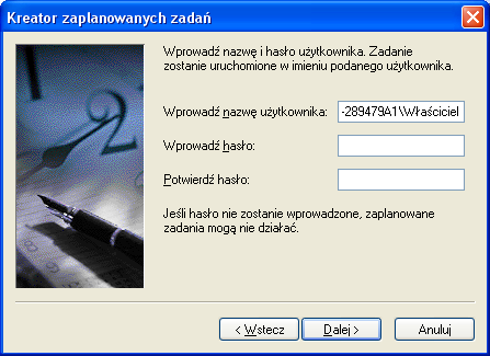 Następujące okno służy do określania dnia i godziny, kiedy dodawane zadanie ma zostać uruchomione. Możliwy jest tu wybór godziny, co jaki czas ma być wykonywane zadanie oraz jakiego dnia tygodnia.