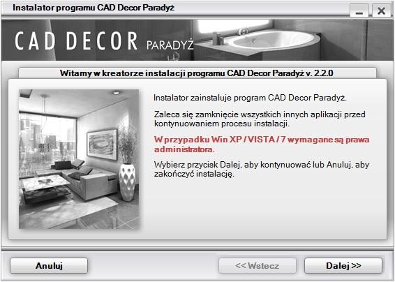 Rys. 11 żądanie potwierdzenia przerwania pracy instalatora Rys. 10 kreator instalacji programu CAD Decor Paradyż 2.2 Po wybraniu opcji Dalej>> uruchomi się okno z umową licencyjną (Rys. 11).
