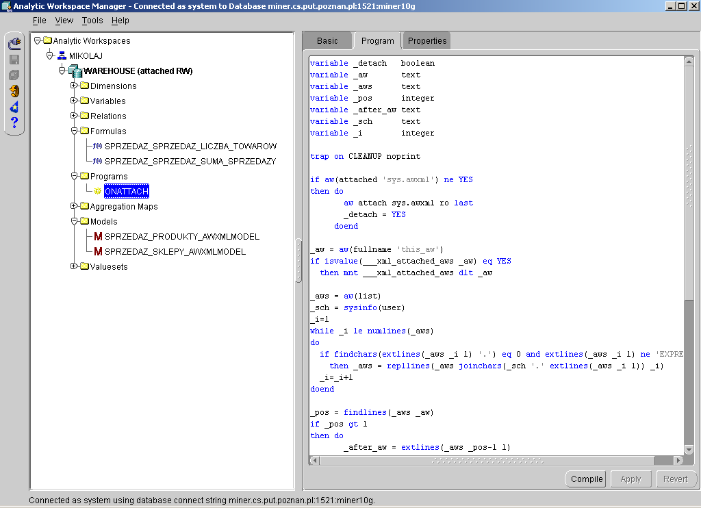 Analytic Workspace Manager 18 Przeglądanie OLAP Catalog Automatyczne tworzenie analitycznych