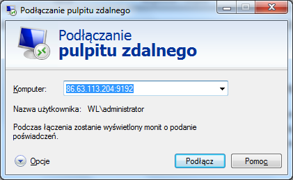 S t r o n a 12 II. Instrukcja dostępu do WLLSiM poprzez pulpit zdalny W zależności od systemu operacyjnego należy uruchomid z właściwej lokalizacji okno programu pulpitu zdalnego.