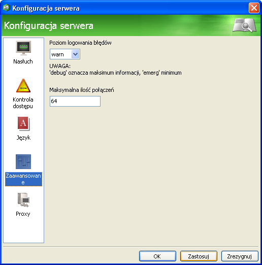9. Aby ustawić poziom logowania błędów oraz maksymalną ilość połączeń, wybierz zakładkę Zaawansowane. 10. Aby ustawić poziom logowania każdego najmniejszego błędu, z listy rozwijalnej wybierz debug.