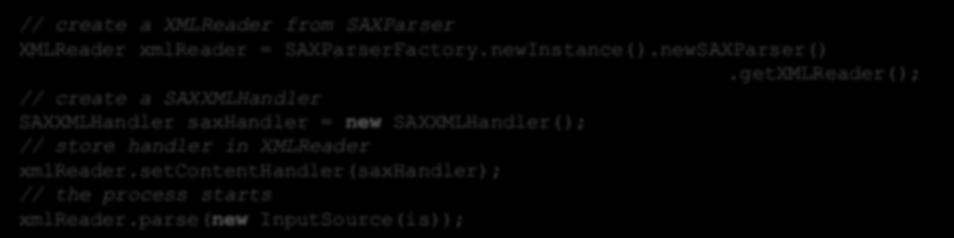 SAX parser Implementacja identyczna jak w języku Java Alternatywa dla DOM, działa w oparciu o mechanizm SAX (Simple API for XML) Tworzenie parsera: // create a XMLReader from SAXParser XMLReader