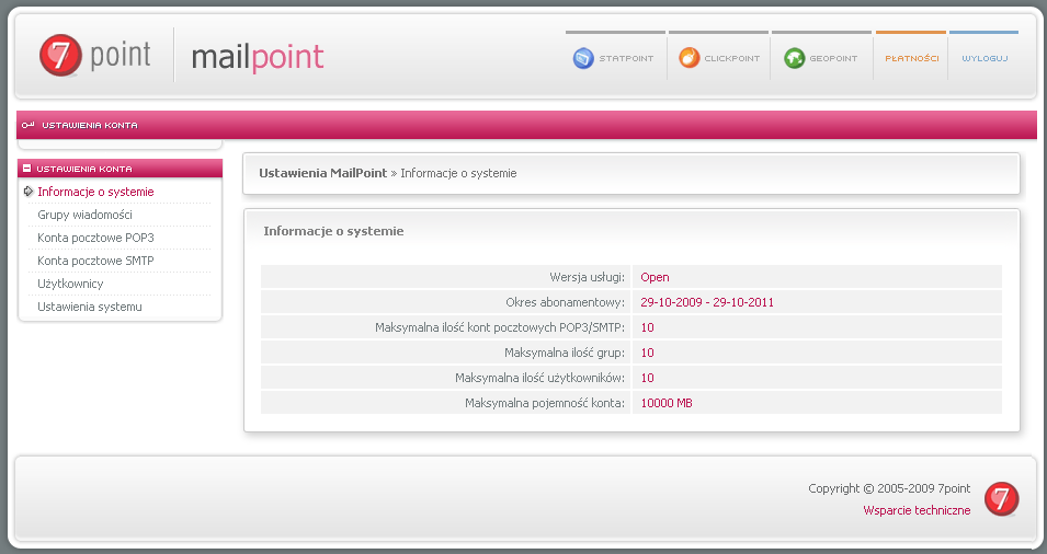 PANEL ADMINISTARATORA KONFIGURACJA SYSTEMU MAILPOINT INFORMACJE O SYSTEMIE W pierwszym oknie widocznym