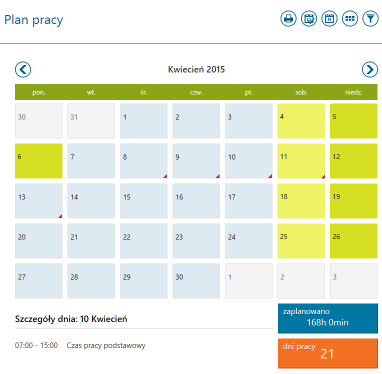 8 Plan pracy Plan pracy pozwala na planowanie pracy w poszczególnych dniach miesiąca.