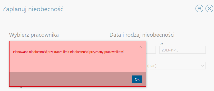 Rys. Planowanie nieobecności komunikat Występująca w programie e-nieobecność pozwala na odnotowanie innego rodzaju nieobecności niż urlop.