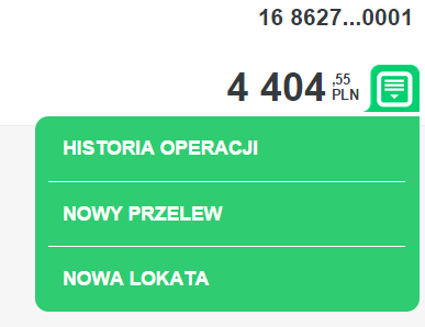 Menu rachunki Wybór opcji RACHUNKI dostepnej ze strony głównej aplikacji umożliwia podgląd listy rachunków klient Klikając na ikonę pojawia się menu w którym mamy do wyboru jedną z trzech opcji