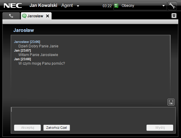 Web chat po stronie Agenta Poniższe zrzuty ekranowe prezentują komunikację chat zarówno po stronie klienta jak i Agenta Contact