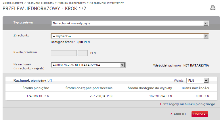 2. PRZELEW JEDNORAZOWY Na stronie PRZELEW JEDNORAZOWY Przelew jednorazowy zgrupowano trzy typy przelewów: Przelew na rachunek inwestycyjny przelew w czasie rzeczywistym (on-line) z rachunku bieżącego