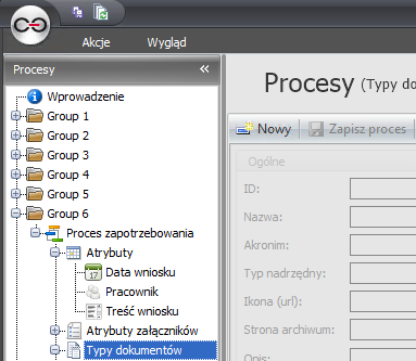 2.7. Stworzenie typów dokumentów Typy dokumentów odpowiadają formularzom, jakie będą wypełniane przez użytkowników. Pojedynczy typ dokumentu może uczestniczyć w wielu obiegach.