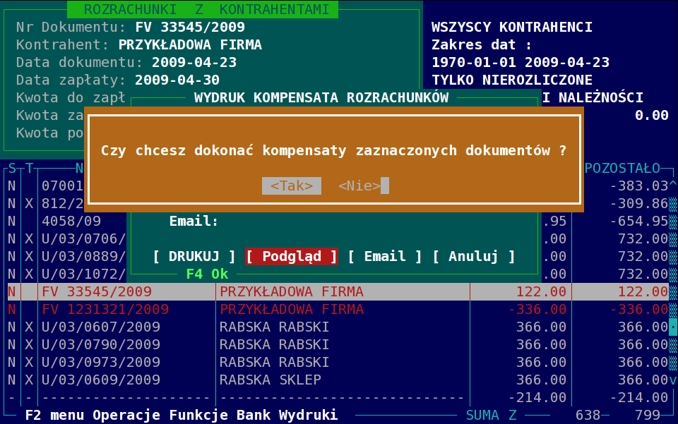 Przykładowy ekran: Najpierw jest generowany wydruk kompensaty(oryginał i