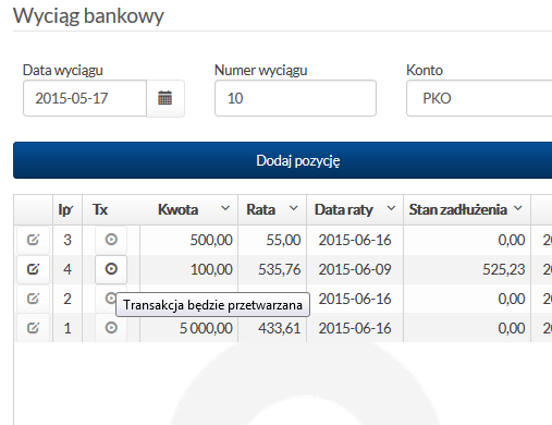 Poza tym na liście transakcji w wyciągu można edytować konkretną transakcję klikając ikonę ołówka. Edycja jest możliwa tylko dla niezatwierdzonych transakcji.