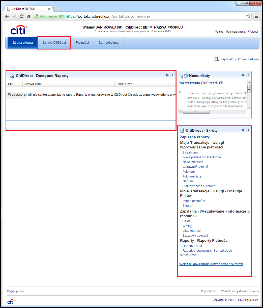 Po zalogowaniu otworzy się okno portalu CitiDirect EB.