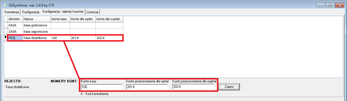 3. Konfiguracja rejestry kasowe W drugim kroku konfiguracji należy przypisać do rejestrów kasowych numery kont bankowych.