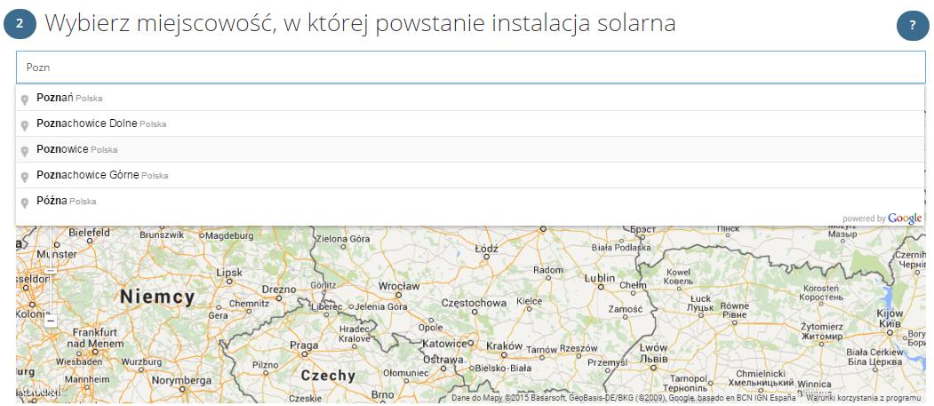 Krok 2. Wybierz miejscowość, w której chcesz zainstalować daną instalację solarną. Wpisując nazwę miejscowości, zobaczysz dostępną listę podpowiedzi, z której możesz skorzystać.