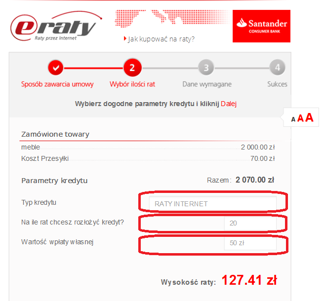 8. W przypadku braku zgody na poniższe warunki, Kupujący winien skontaktować się ze Sklepem, celem ustalenia nowych warunków kredytowania, gdyż pracownik Contact Center Santander Consumer Banku