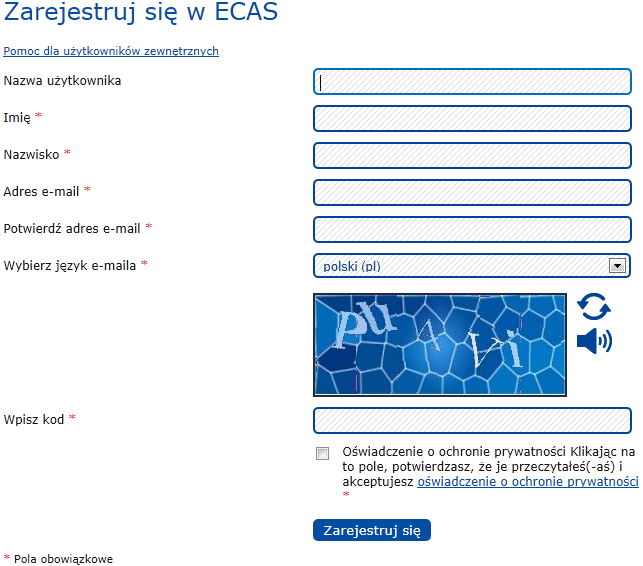 3. Kliknąć przycisk "Zarejestruj się w ECAS". Wyświetli się formularz rejestracyjny. 4.