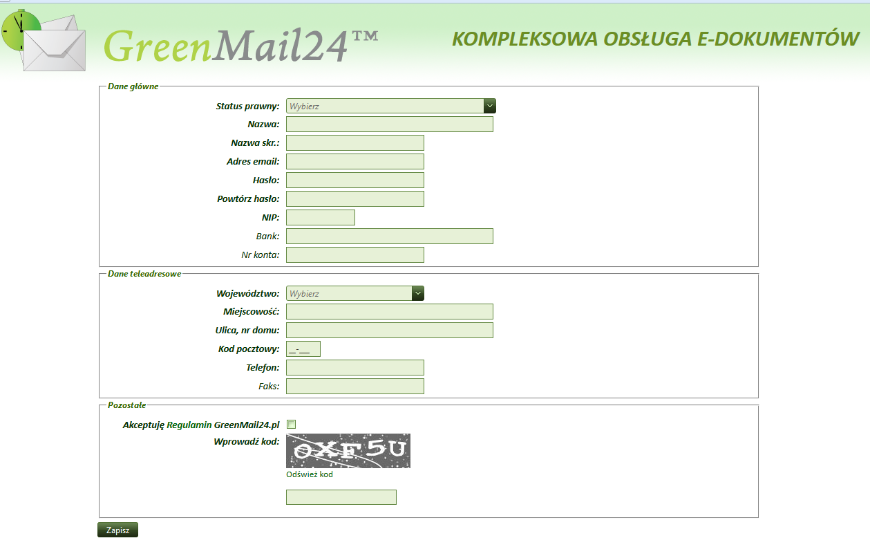 3. Rejestracja kontrahenta w systemie Green Mail 24 Posiadanie konta w systemie Green Mail 24 jest dobrowolne i nie ma potrzeby logowania się do tego systemu, aby pobrać e-fakturę.