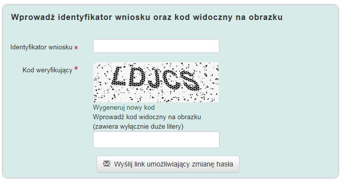 Korzystanie z elektronicznego formularza wniosku wyświetli się pole logowania, w dolnym lewym rogu należy kliknąć przycisk Reset lub zmiana hasła i postępować zgodnie ze wskazówkami.