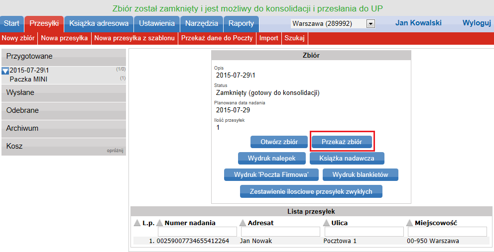 8. Po wprowadzeniu wszystkich przesyłek wciśnij przycisk Zamknij zbiór. 9. Aby potwierdzid wybór, kliknij przycisk OK.