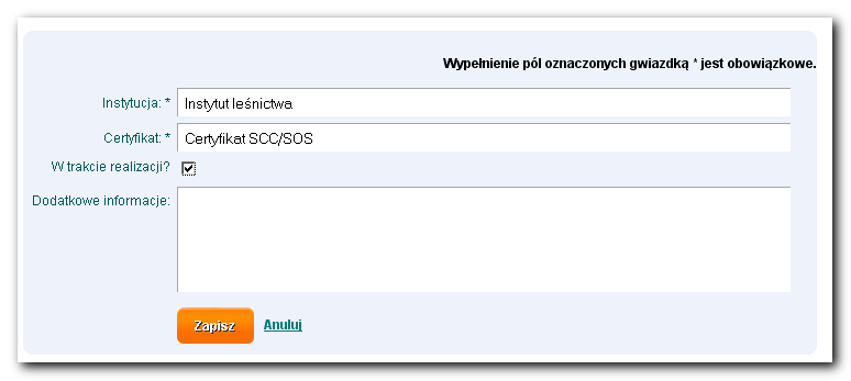 Można wpisać dodatkowe informacje dotyczące certyfikatu w przygotowanym polu, ale nie jest to konieczne. Zapisać należy każdy dodawany certyfikat.