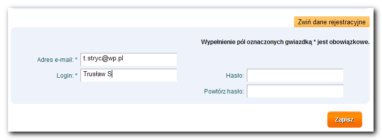 Uwaga Po zalogowaniu się można samodzielnie zmienić dane podawane przy rejestracji, czyli adres e-mail, login i hasło: domyślnie system używa jako loginu Twojego adresu e-mail