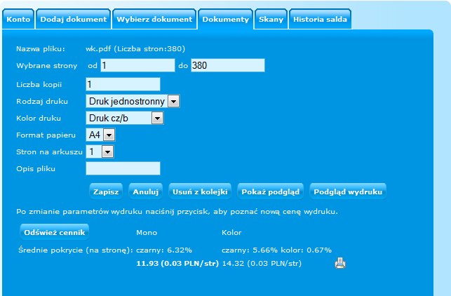 Rysunek 11. Widok parametrów wydruku. d) Wyloguj się ze strony WWW systemu Documaster Campus 11.