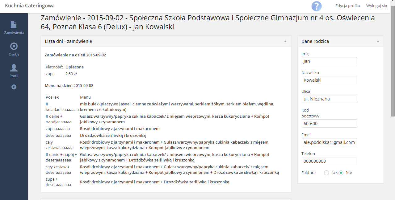 Wchodząc w poszczególny dzień zamówienia, na który