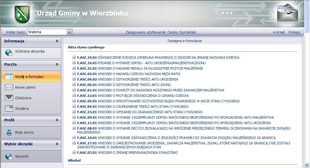 Z listy wybieramy interesujący nas formularz. Kolejne kroki identyczne jak w przypadku składania formularza elektronicznego z poziomu serwisu e-urząd/e-gmina/e-sołtys.