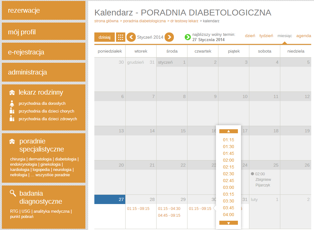 Po wybraniu konkretnego grafiku, użytkownik przekierowany jest do widoku kalendarza, na którym widoczne są wszystkie wolne terminy w danym grafiku (kalendarz wyświetla tylko te godziny, które zostały