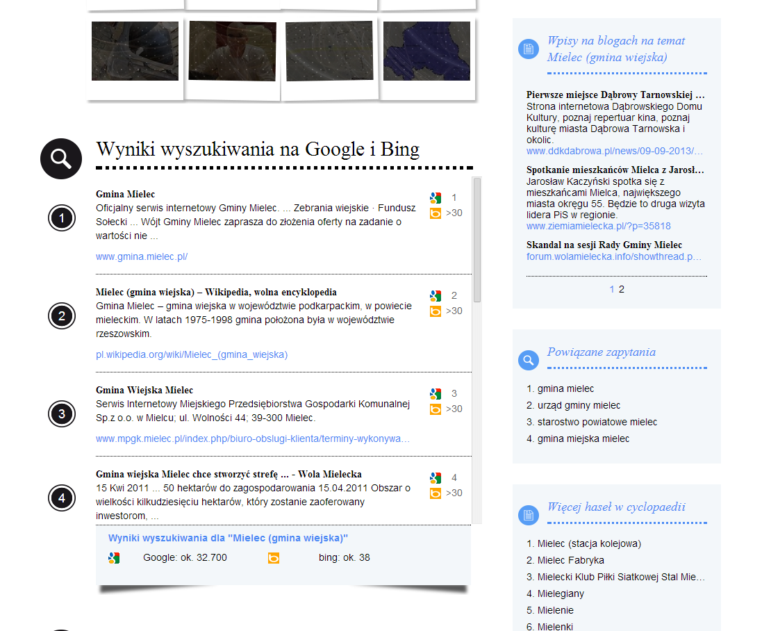 http://pl.cyclopaedia.net/wiki/mielec_(gmina_wiejska) o gminie wiejskiej Mielec znajduje się ok. 32 700 odniesień w Google i ok. 38 w Bing.