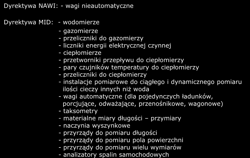 Metrologia prawna Dyrektywa NAWI: - wagi nieautomatyczne Dyrektywa MID: - wodomierze - gazomierze - przeliczniki do gazomierzy - liczniki energii elektrycznej czynnej - ciepłomierze - przetworniki