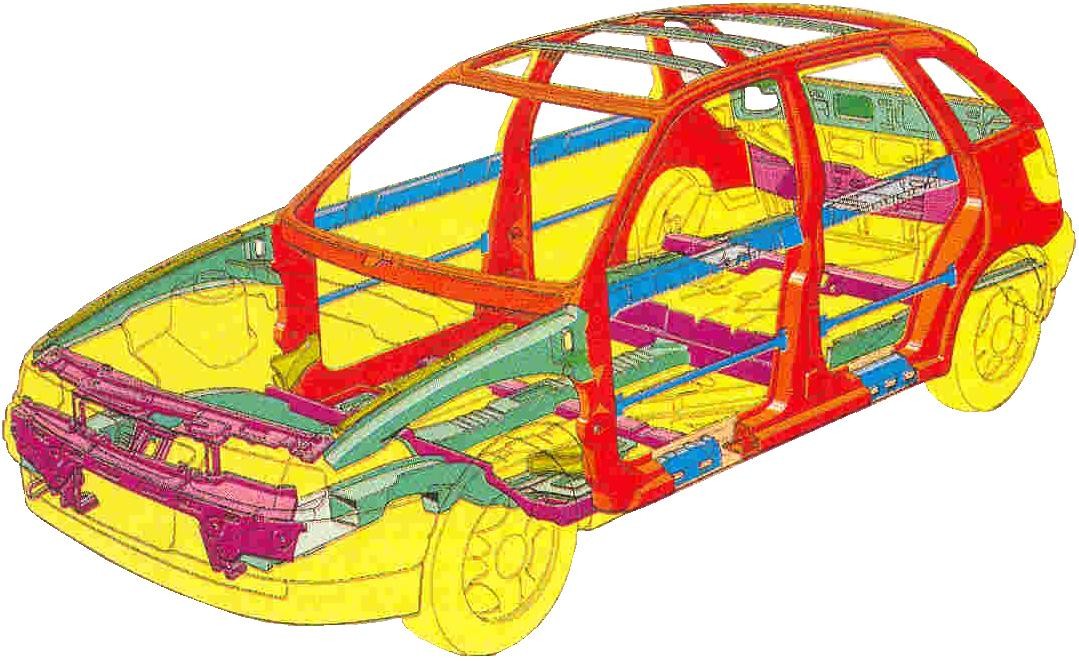 Elementy nośne samochodu osobowego Samochody osobowe posiadają jednolitą samonośną konstrukcję nadwozia (najczęściej skorupową), do której bezpośrednio są mocowane