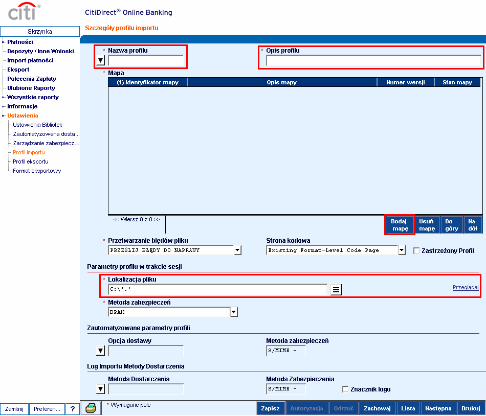 Tworzenie profilu importu Aby skorzystać z importu trzeba stworzyć profil, w którym definiujemy lokalizację do wczytywanych plików i wybieramy mapę decydującą o formacie i rodzaju importowanych