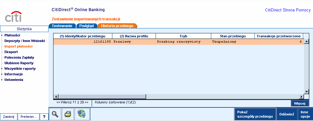 Uruchamianie Importu W celu zaimportowania transakcji wejdź w Import płatności, wybierz profil i kliknij na przycisk Uruchom. 6 Rysunek 4. Uruchamianie importu.