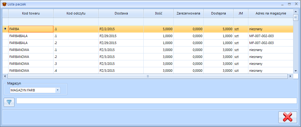 8.6. Paczki Na zakładce Paczki znajduje się lista paczek na danym magazynie: Każda paczka jest opisana następującymi informacjami: Kod towaru kod towaru, który jest podzielony na paczki.