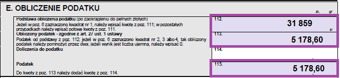 4. Sekcja D. Odliczenia od dochodu W pozycji 103 należy przepisać kwotę z pozycji 66, a następnie tą samą kwotę wpisać w pozycji 111. 5. Sekcja E.