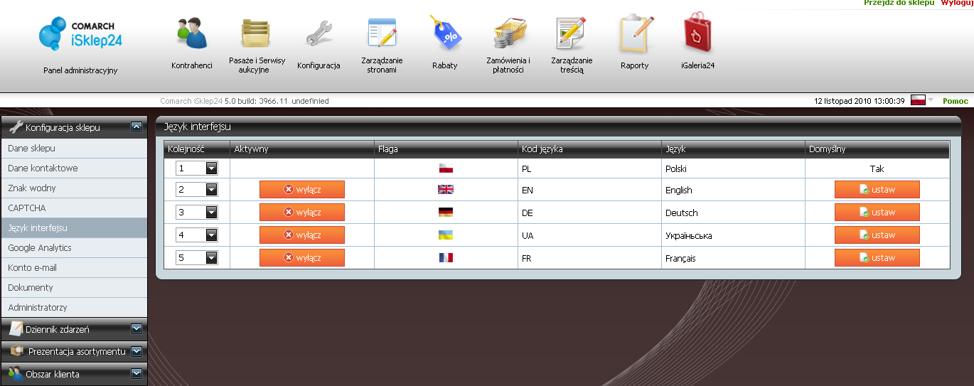 Z tego poziomu administrator sklepu ma możliwość ustalenia, w jakich językach może być dostępny interfejs dla użytkowników w Comarch isklep24. Rys.