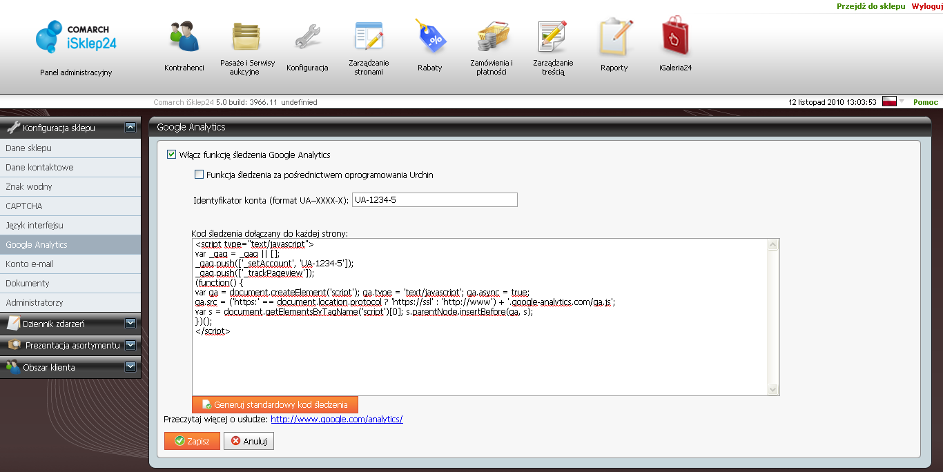 Str. 38 Moduł isklep24 v. 5.0 Google Analytics Obszar ten służy do konfiguracji Google Analytics, czyli mechanizmu do generowania raportów i statystyk na temat sklepu internetowego w sieci. Rys.