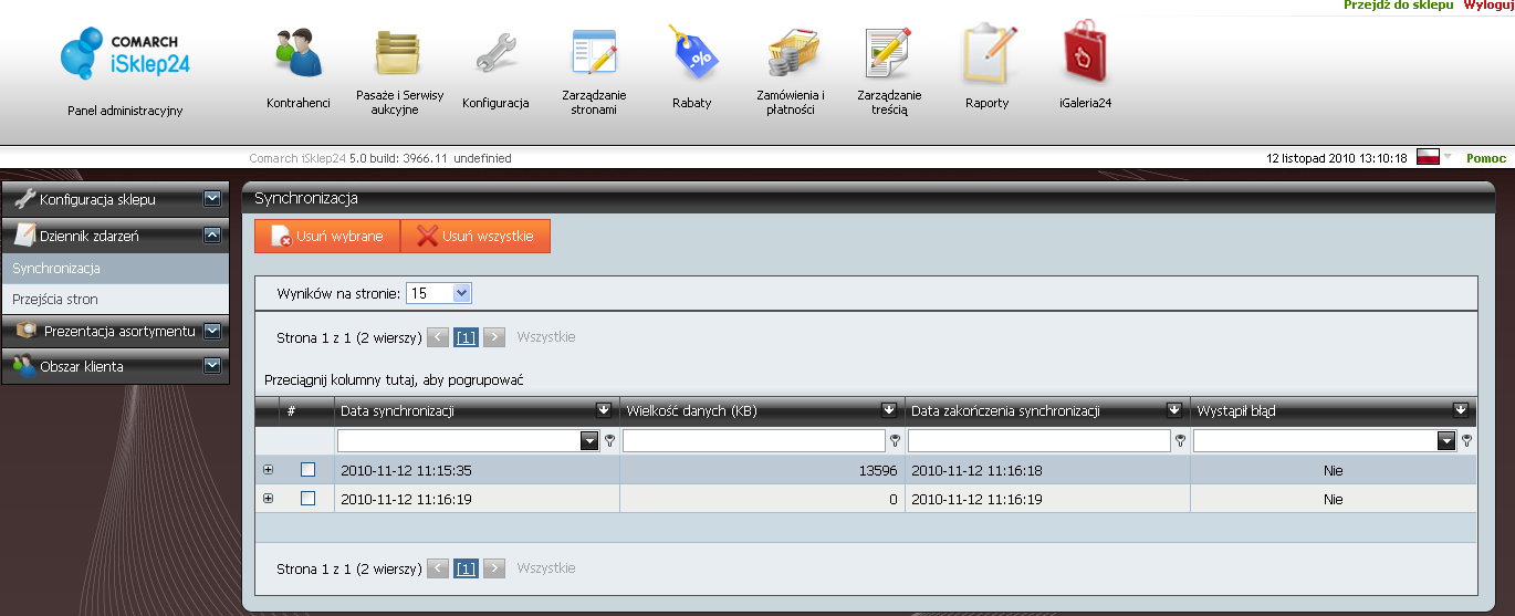 Podręcznik Użytkownika systemu Comarch OPT!MA Str. 41 4.3.3.2 Dziennik zdarzeń W Comarch isklep24 wprowadzono możliwość podglądu błędów występujących podczas importu danych z Comarch OPT!MA. Informacje te zawarte są w Dzienniku zdarzeń, dostępnym z poziomu Konfiguracji w Panelu administracyjnym.