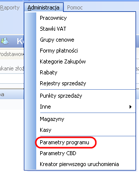 Rys. 4-6 Menu Administracja, parametry programu Okno Parametry programu (Rys. 4-7) pozwoli na edycję danych firmy. MoŜna w nim równieŝ sprawdzić szczegóły posiadanej licencji.