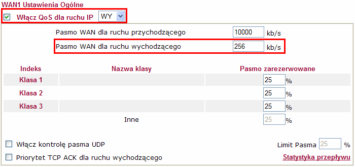 1. Przypadek 1 - Vigor z wbudowanym VoIP 1.1. QoS dla ruchu IP Przejdź do zakładki Zarządzanie Pasmem>>QoS dla ruchu IP w panelu konfiguracyjnym routera.
