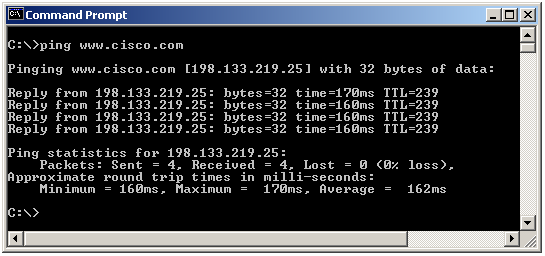 Krok 8 Wyślij pakiety ping na adres witryny firmy Cisco Wpisz następujące polecenie: ping www.cisco.