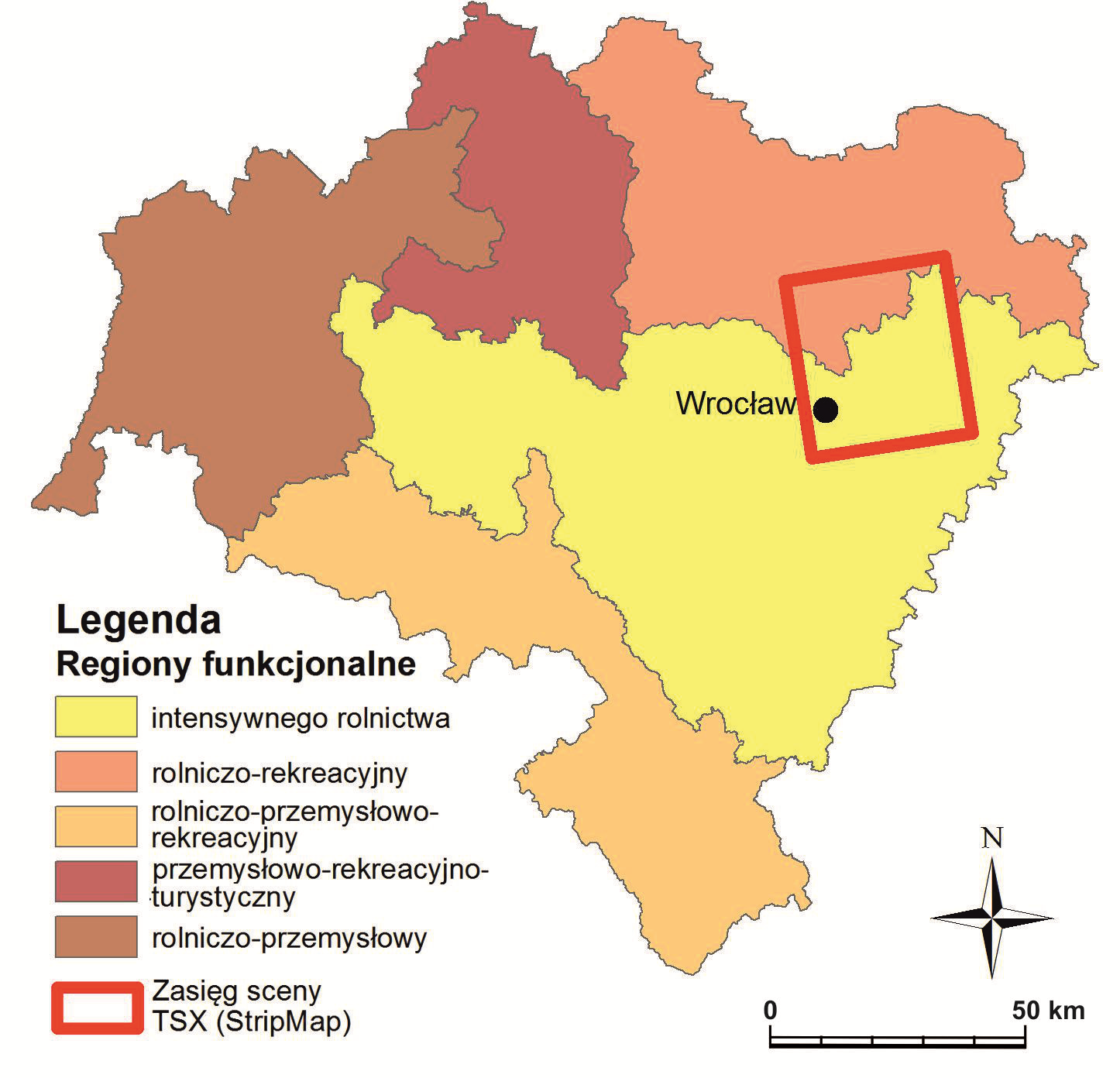 Rys. 19. Lokalizacja obszaru badawczego na tle regionów funkcjonalnych dla województwa dolnośląskiego. Źródło: [Stuczyński, 2007].
