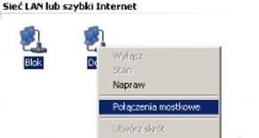 Most sieciowy w Windows XP Prof. Założenie: komputer posiada co najmniej dwie karty sieciowe. Wchodzimy najpierw do Panelu sterowania następnie do Połączenie sieciowe.