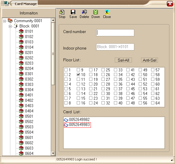 6.1 Dodanie nowej karty/breloka System C5 - Programowanie W widocznym oknie kolejno wypełniamy: Card number wpisujemy numer karty/breloka lub przykładamy go do czytnika w panelu Indoor phone z lewej