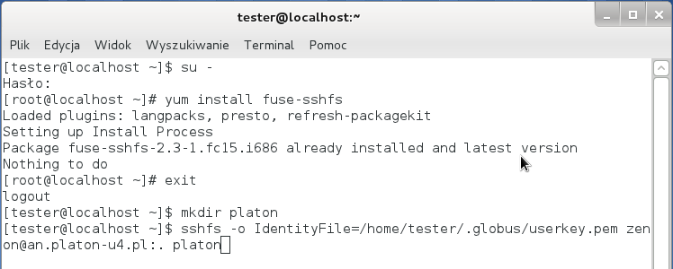 Slajd 164 Fedora 15 klient sshfs Podmontowanie przestrzeni z Access Node w katalogu platon. sshfs -o IdentityFile=/home/tester/.globus/userkey.pem zenon@an.platon-u4.pl:.