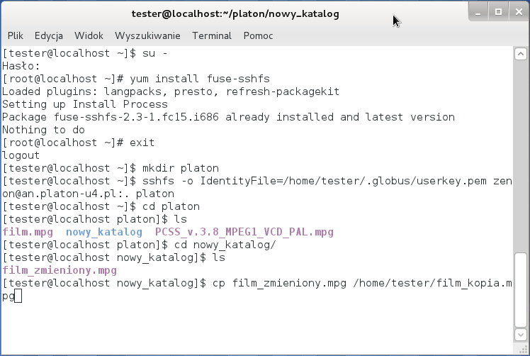 Slajd 170 Fedora 15 klient sshfs Pobranie pliku z serwera tj.