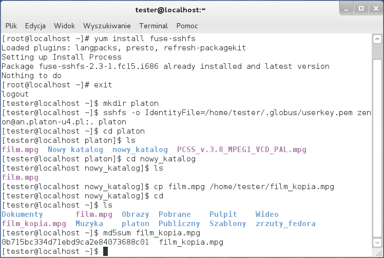 Slajd 174 Fedora 15 klient sshfs Weryfikacja spójności pobranego pliku