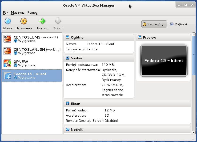 Slajd 7 Virtual Box virtual machine manager Maszyny wirtualne skonfigurowane na laptopie warsztatowym. CENTOS_UMS Maszyna wirtulana z wewnętrzną infrastrtukturą KMD.